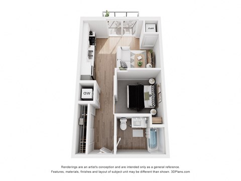 Floor plan for 1 bed, 1 bath, 542 sqft
